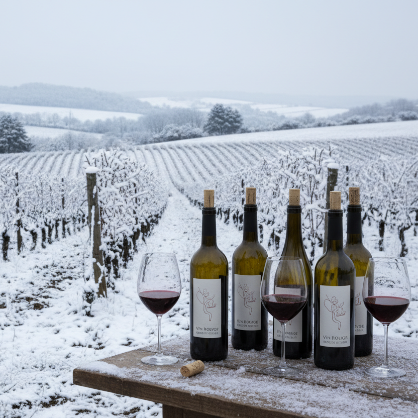 Bottles and glasses or red wine with vineyards in the background during winter
