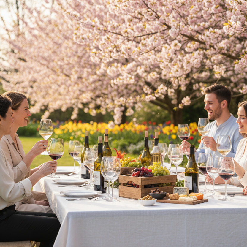 Create a picture of sipping wine in a Spring setting including glasses of various shapes and wine bottles.