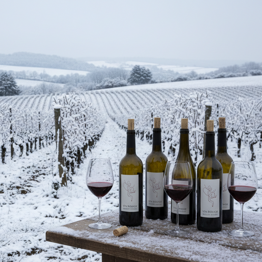 Bottles and glasses or red wine with vineyards in the background during winter