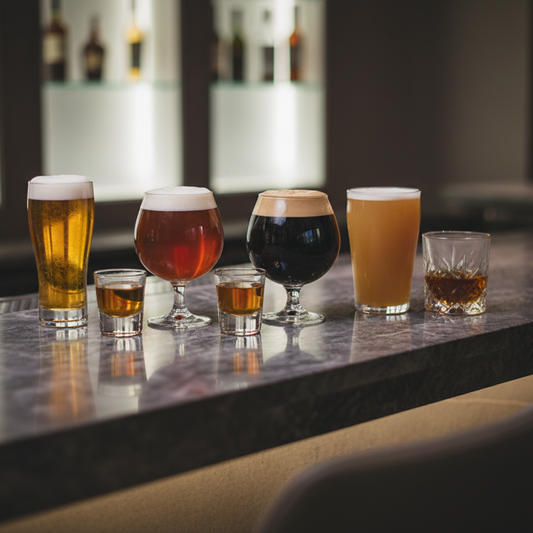 Create a series of craft beers, whiskey shots, and whiskey neat on a modern bar. Use a few different shaped glasses for the beers.