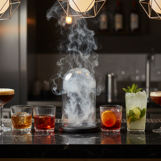 Create a series of curated cocktails on a modern bar, including a smoked cocktail, an espresso martini, and other classic cocktails