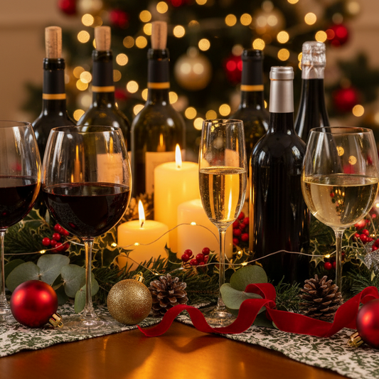 Create image of various wines in different sized glasses with wine bottles in a christmas holiday setting